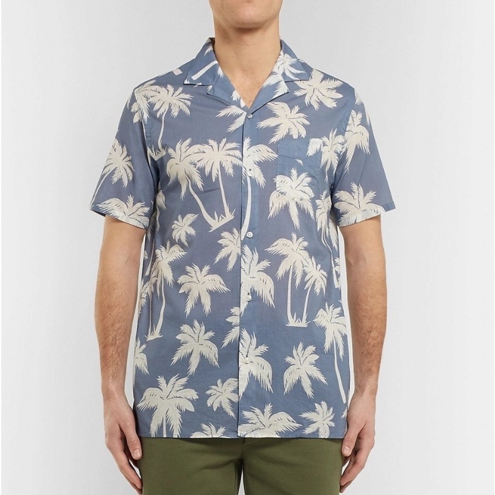 Officine Generale  Camp-Collar Printed Dario Palm Printed Cotton Shirt Size L